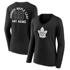 Toronto Maple Leafs Women's Personalized Name & Number Monochrome Long Sleeve V-Neck T-Shirt - Black T-shirts