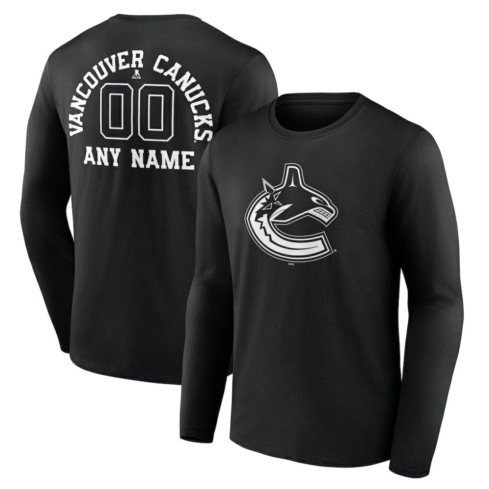 Vancouver Canucks Personalized Name & Number Monochrome Long Sleeve T-Shirt - Black T-shirts