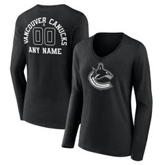 Vancouver Canucks Women's Personalized Name & Number Monochrome Long Sleeve V-Neck T-Shirt - Black T-shirts