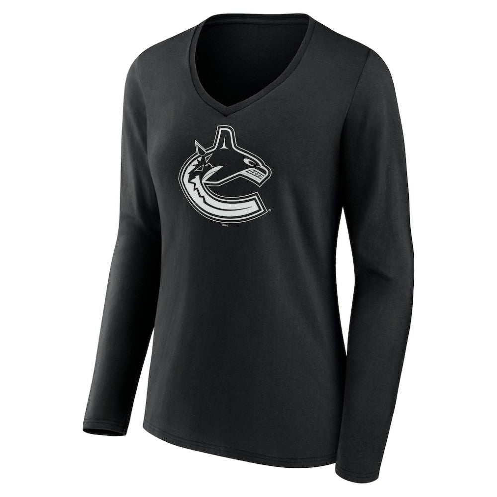 Vancouver Canucks Women's Personalized Name & Number Monochrome Long Sleeve V-Neck T-Shirt - Black T-shirts