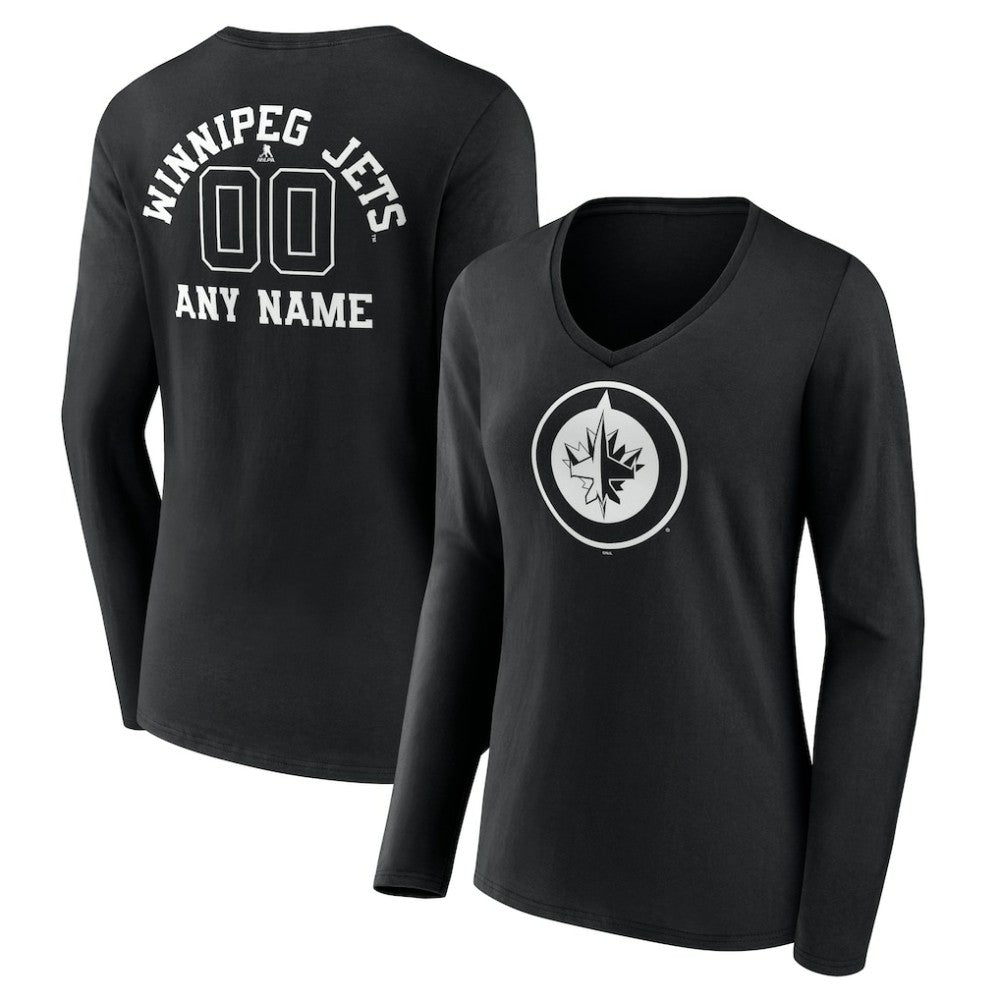 Winnipeg Jets Women's Personalized Name & Number Monochrome Long Sleeve V-Neck T-Shirt - Black T-shirts