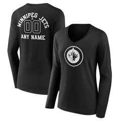 Winnipeg Jets Women's Personalized Name & Number Monochrome Long Sleeve V-Neck T-Shirt - Black T-shirts