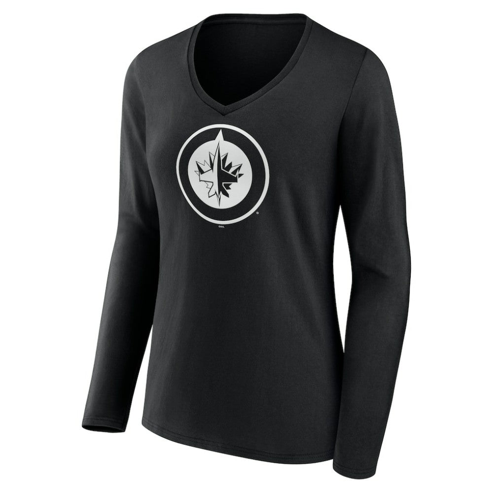 Winnipeg Jets Women's Personalized Name & Number Monochrome Long Sleeve V-Neck T-Shirt - Black T-shirts