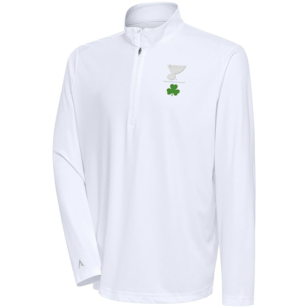 St. Louis Blues Antigua Shamrock Tribute Quarter-Zip Pullover Top - White Pullover