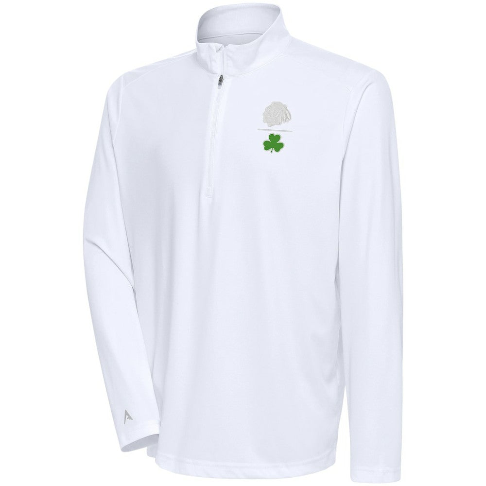 Chicago Blackhawks Antigua Shamrock Tribute Quarter-Zip Pullover Top - White Pullover