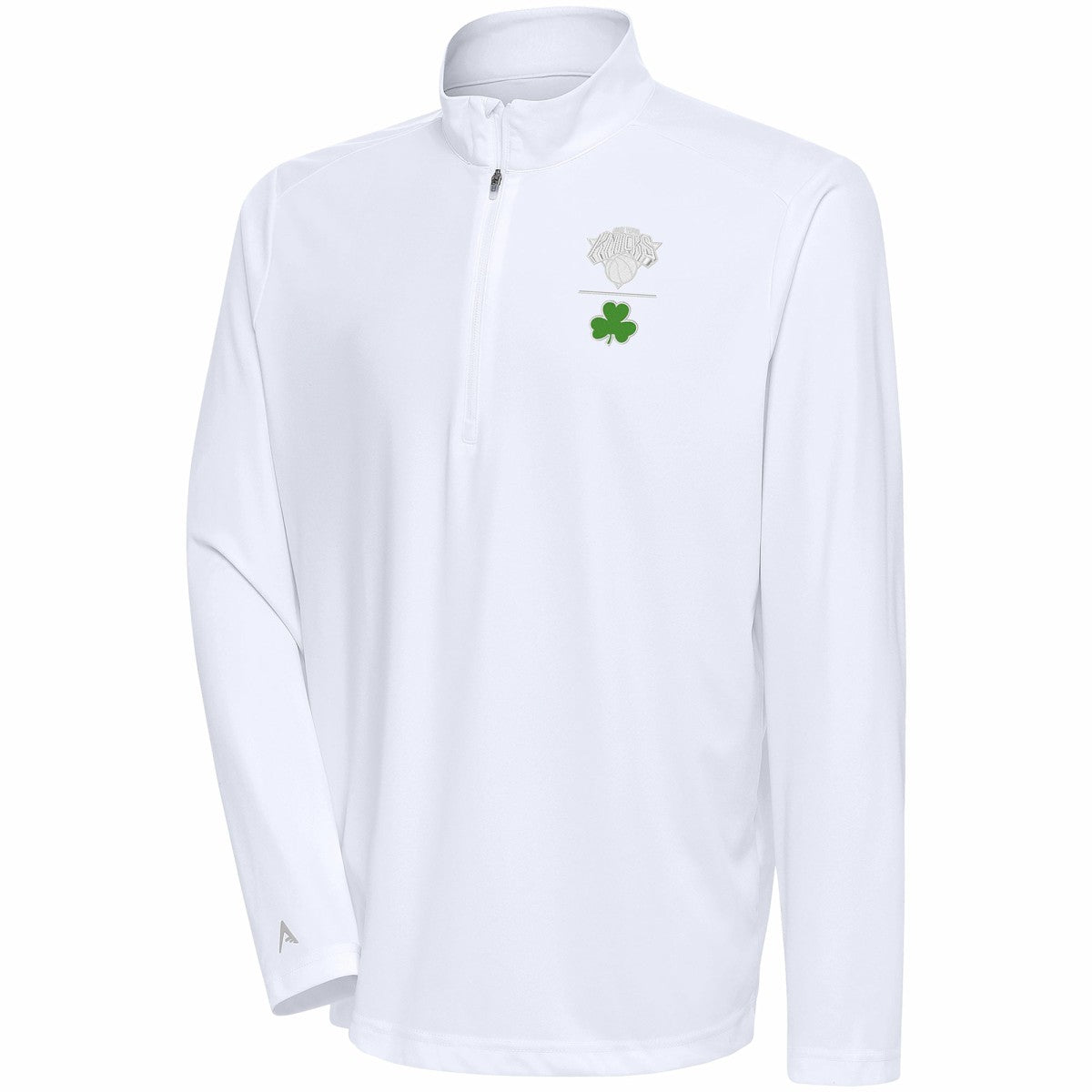 New York Knicks Antigua Shamrock Tribute Quarter-Zip Pullover Top - White sale