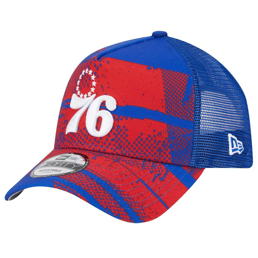 Philadelphia 76ers Tip Off A-Frame Trucker 9FORTY Adjustable Hat - Royal/Red online