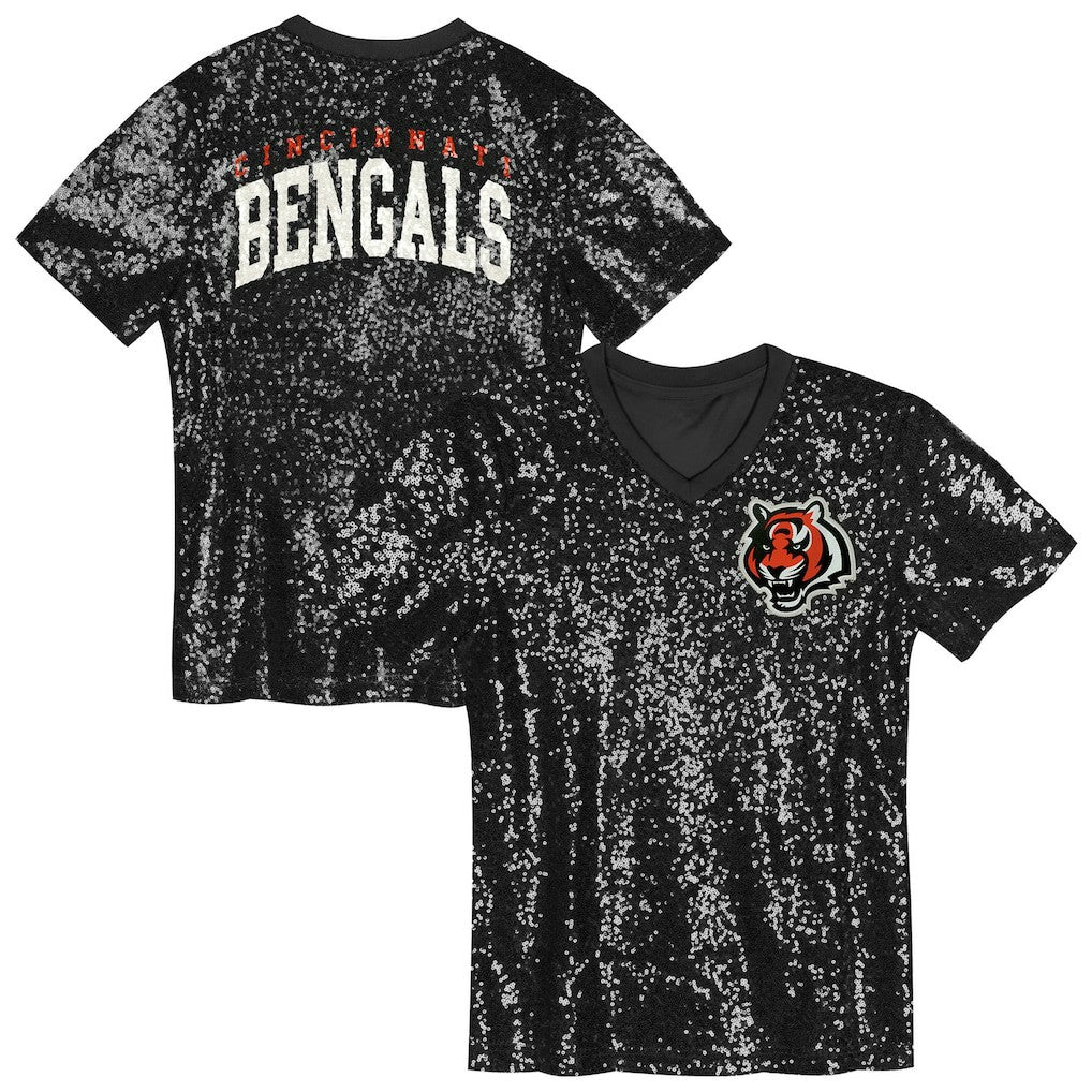 Cincinnati Bengals Girls Youth Wordmark Sequin V-Neck Top - Black cheap