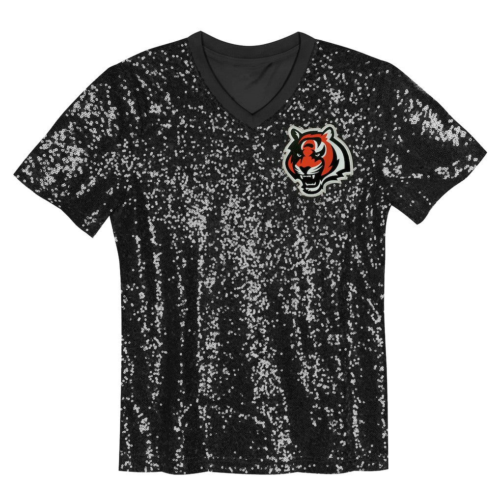Cincinnati Bengals Girls Youth Wordmark Sequin V-Neck Top - Black cheap
