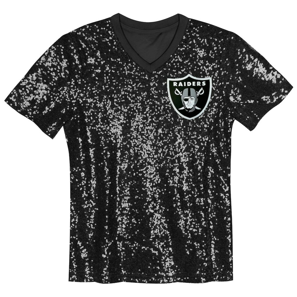 Las Vegas Raiders Girls Youth Wordmark Sequin V-Neck Top - Black discount