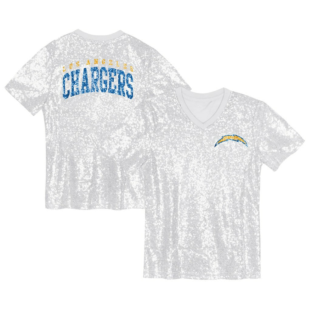 Los Angeles Chargers Girls Youth Wordmark Sequin V-Neck Top - White sale