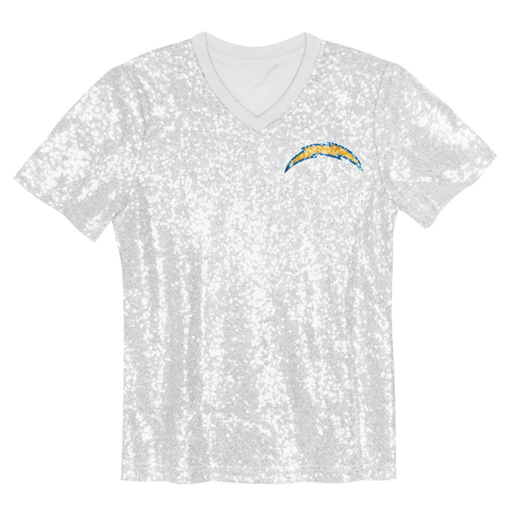 Los Angeles Chargers Girls Youth Wordmark Sequin V-Neck Top - White sale