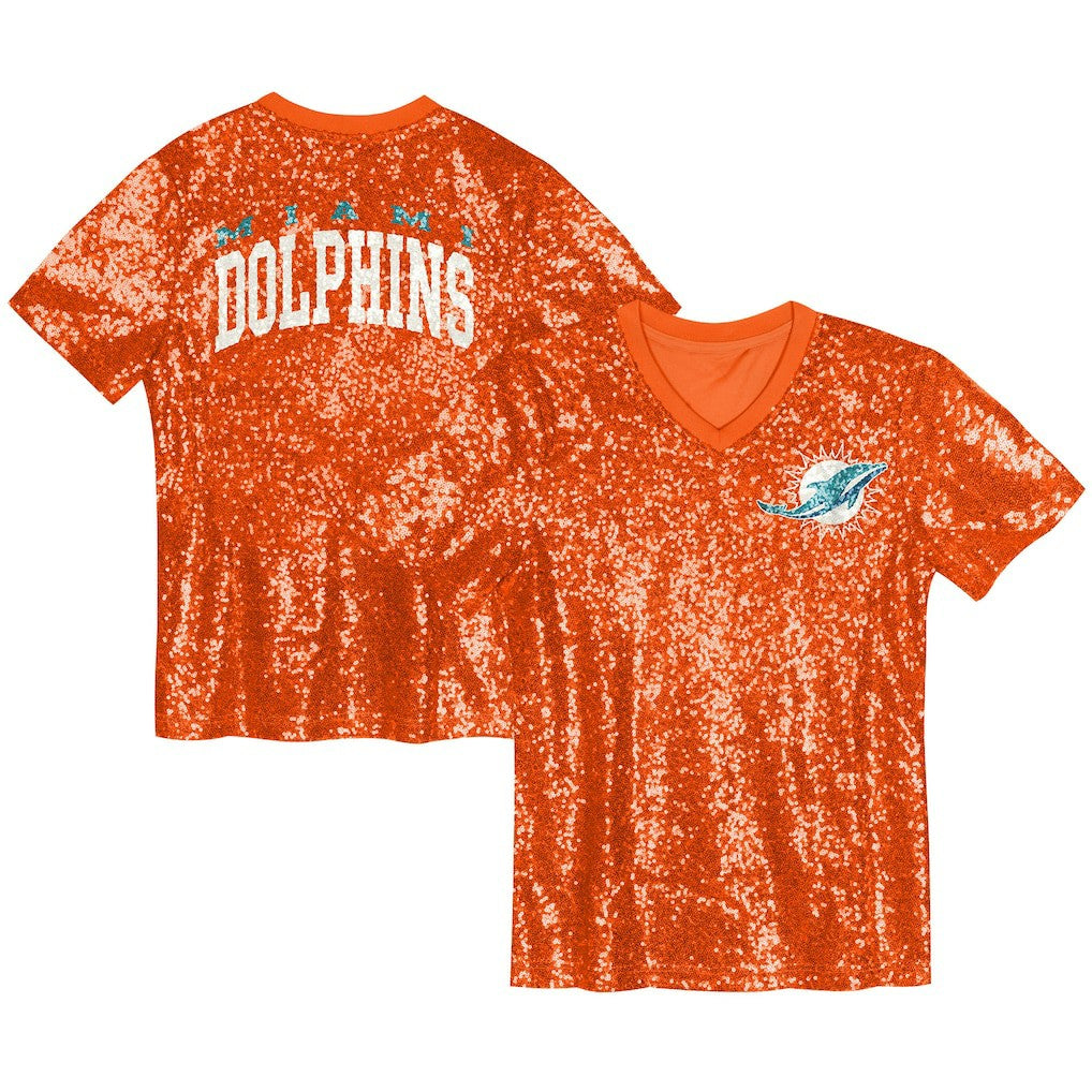 Miami Dolphins Girls Youth Wordmark Sequin V-Neck Top - Orange for sale