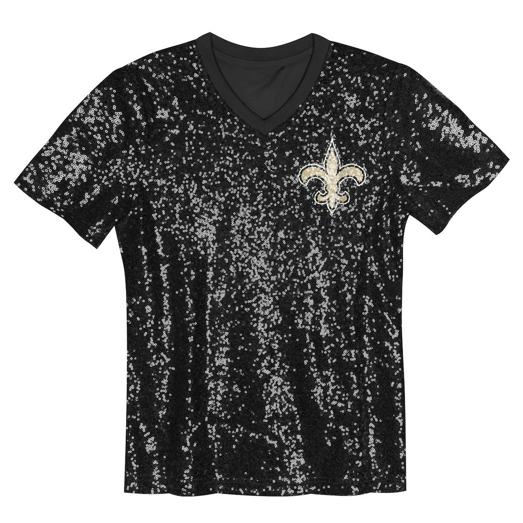 New Orleans Saints Girls Youth Wordmark Sequin V-Neck Top - Black on sale