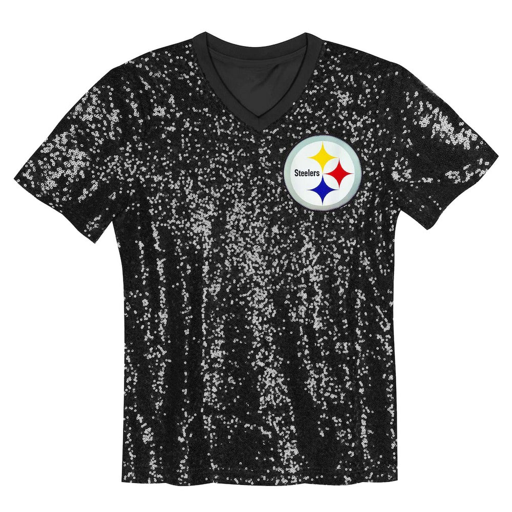 Pittsburgh Steelers Girls Youth Wordmark Sequin V-Neck Top - Black outlet
