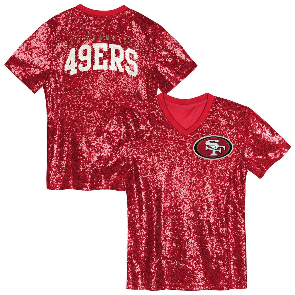 San Francisco 49ers Girls Youth Wordmark Sequin V-Neck Top - Scarlet cheap