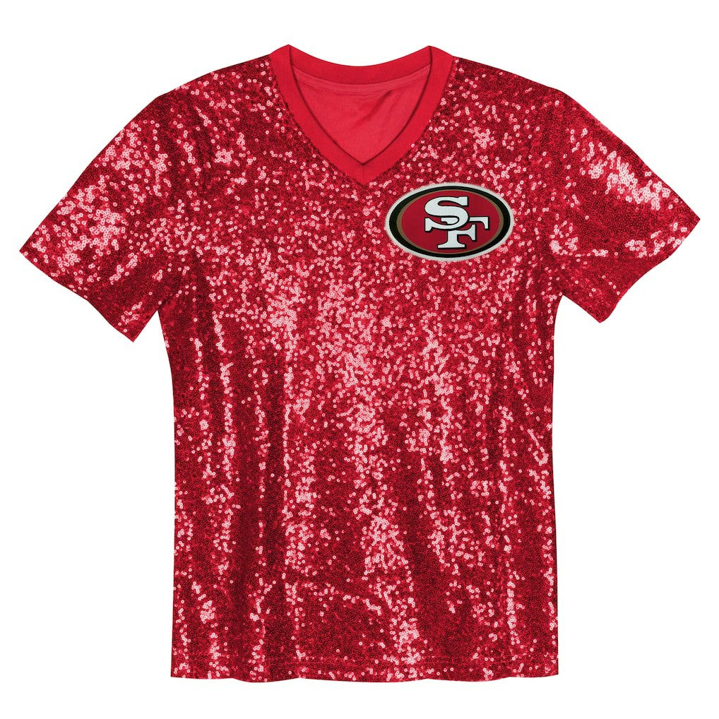 San Francisco 49ers Girls Youth Wordmark Sequin V-Neck Top - Scarlet cheap