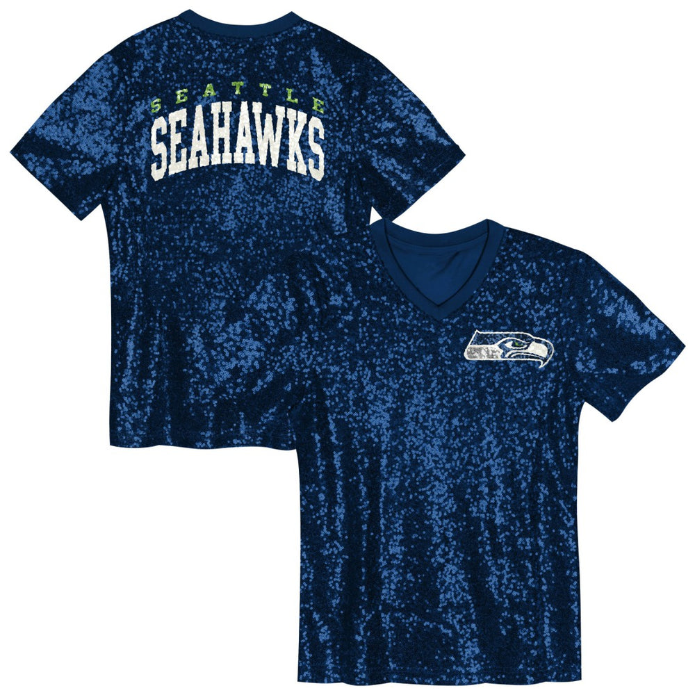 Seattle Seahawks Girls Youth Wordmark Sequin V-Neck Top - College Navy for sale