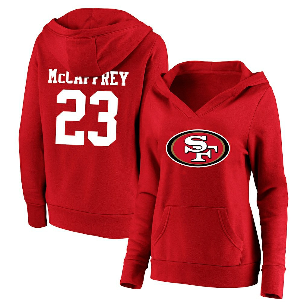 Christian McCaffrey San Francisco 49ers Women's Plus Size Player Name & Number V-Neck Pullover Hoodie - Scarlet cheap