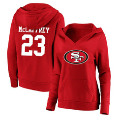 Christian McCaffrey San Francisco 49ers Women's Plus Size Player Name & Number V-Neck Pullover Hoodie - Scarlet cheap