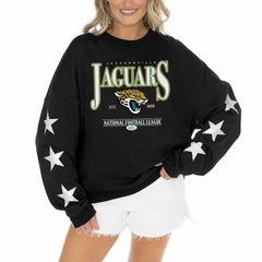 Jacksonville Jaguars Gameday Couture Women's Rhinestone Star Sleeve Settle the Score Oversized Pullover Sweatshirt - Black on sale