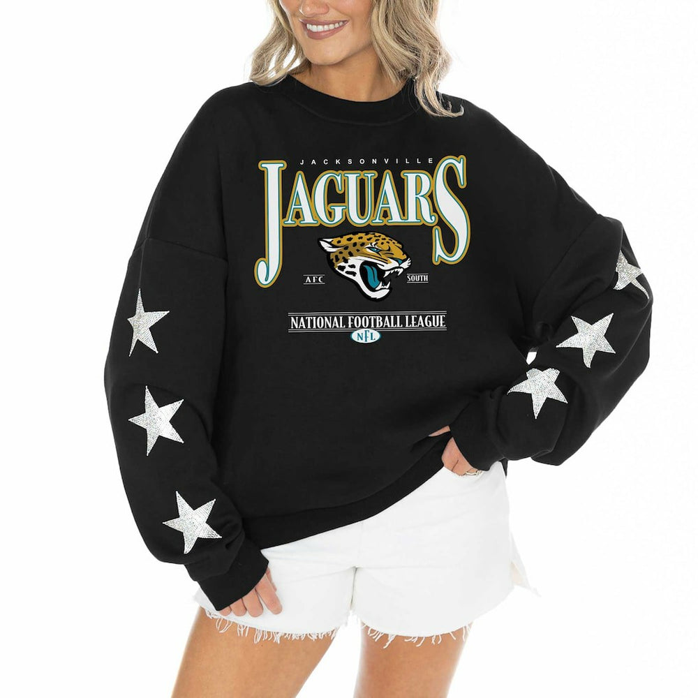 Jacksonville Jaguars Gameday Couture Women's Rhinestone Star Sleeve Settle the Score Oversized Pullover Sweatshirt - Black on sale