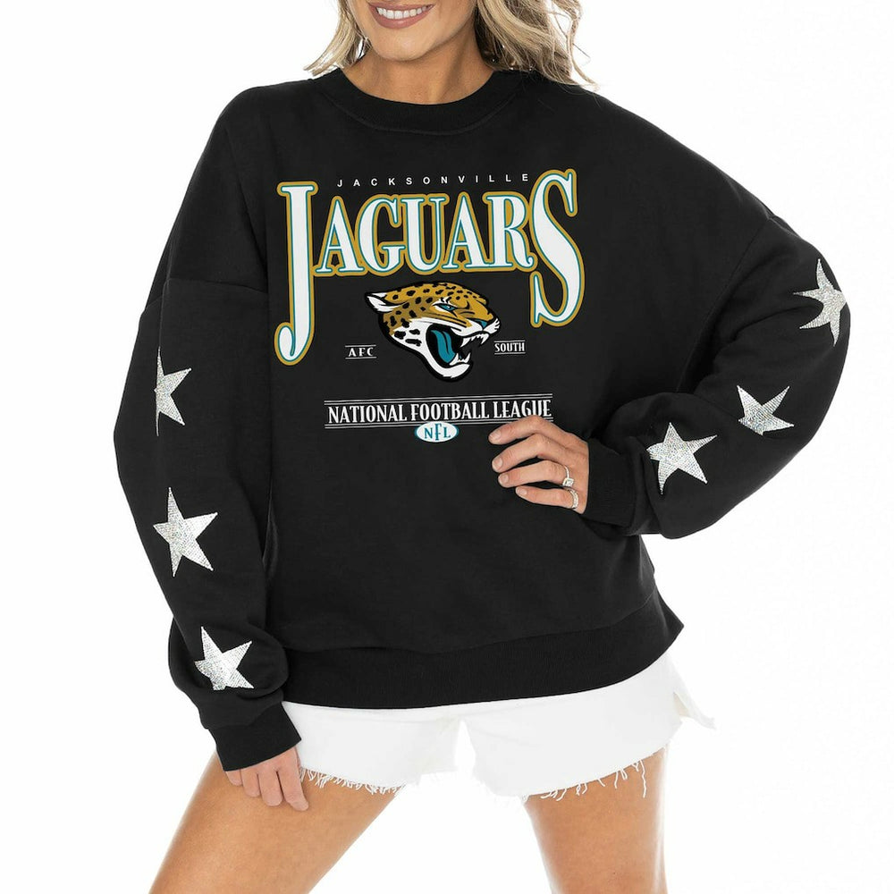 Jacksonville Jaguars Gameday Couture Women's Rhinestone Star Sleeve Settle the Score Oversized Pullover Sweatshirt - Black on sale