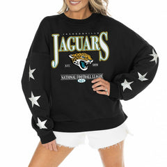 Jacksonville Jaguars Gameday Couture Women's Rhinestone Star Sleeve Settle the Score Oversized Pullover Sweatshirt - Black on sale