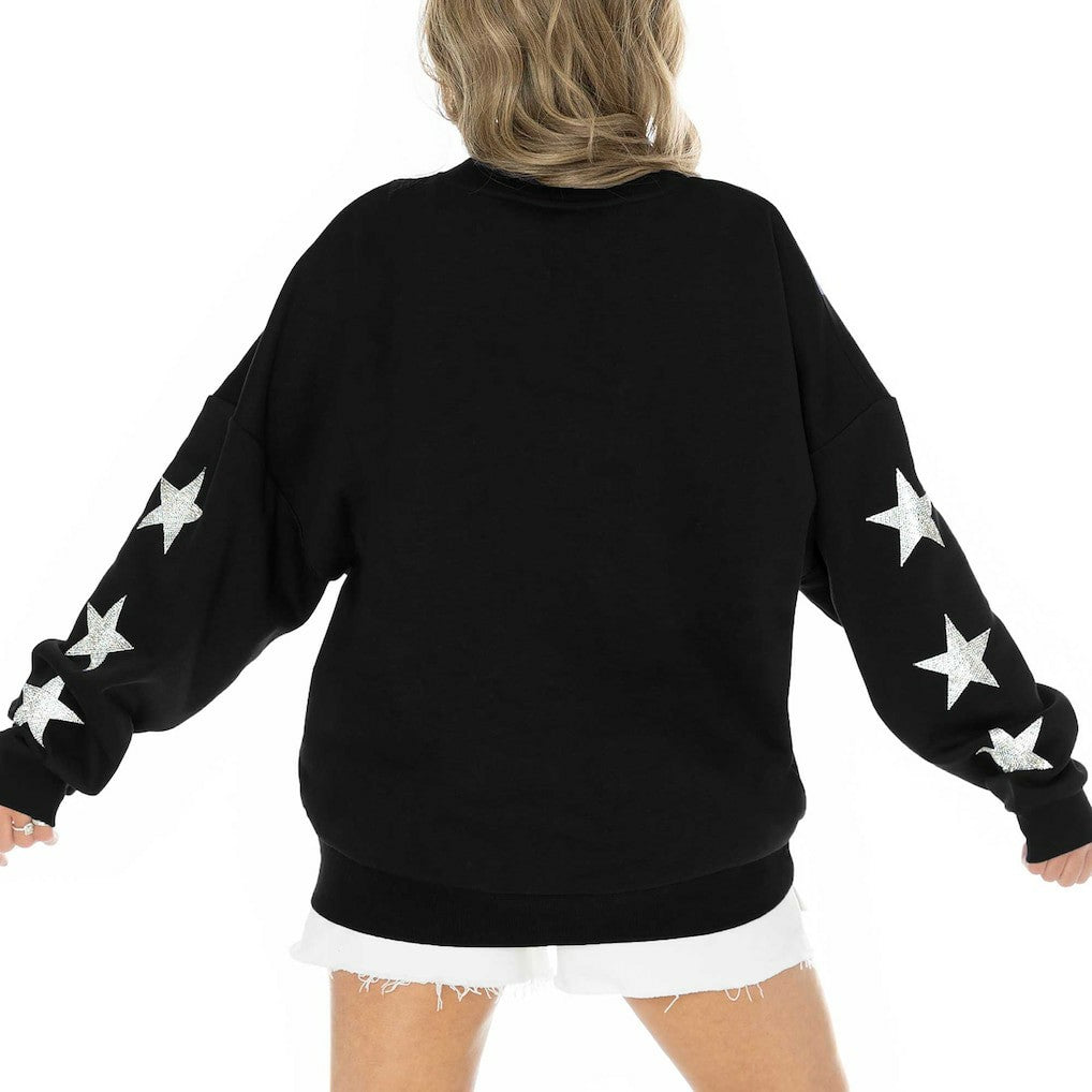 Jacksonville Jaguars Gameday Couture Women's Rhinestone Star Sleeve Settle the Score Oversized Pullover Sweatshirt - Black on sale