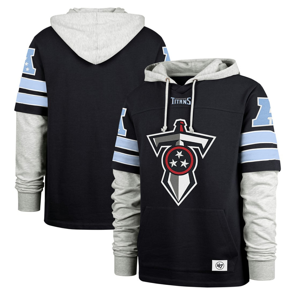Tennessee Titans '47 Double Header Blitz Cornerback Pullover Hoodie - Navy on sale