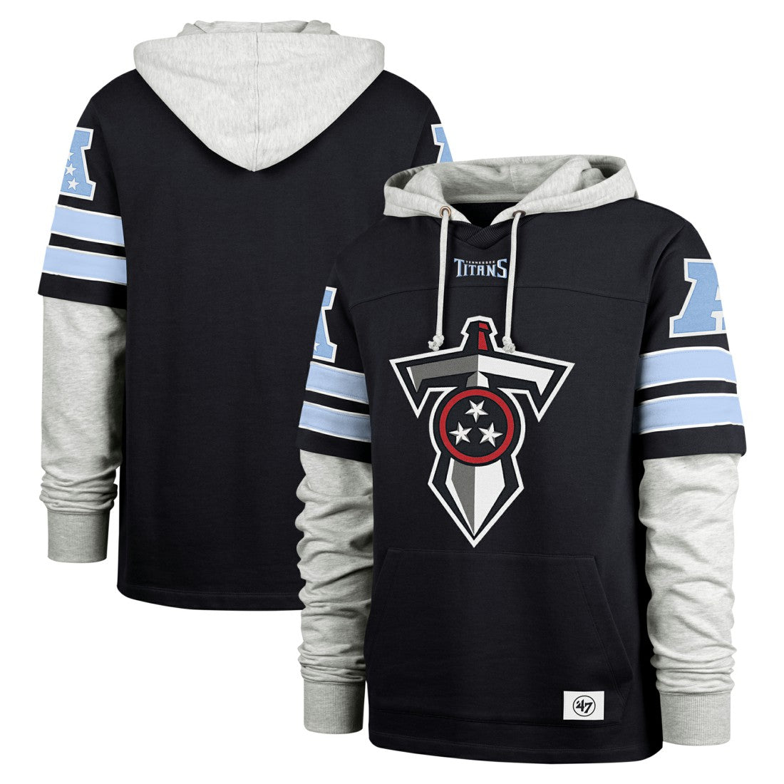 Tennessee Titans '47 Double Header Blitz Cornerback Pullover Hoodie - Navy on sale