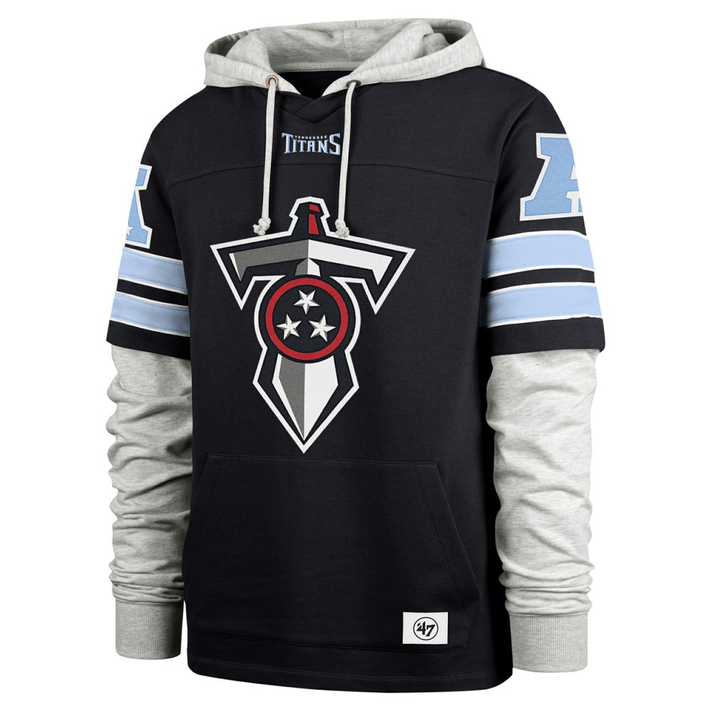 Tennessee Titans '47 Double Header Blitz Cornerback Pullover Hoodie - Navy on sale