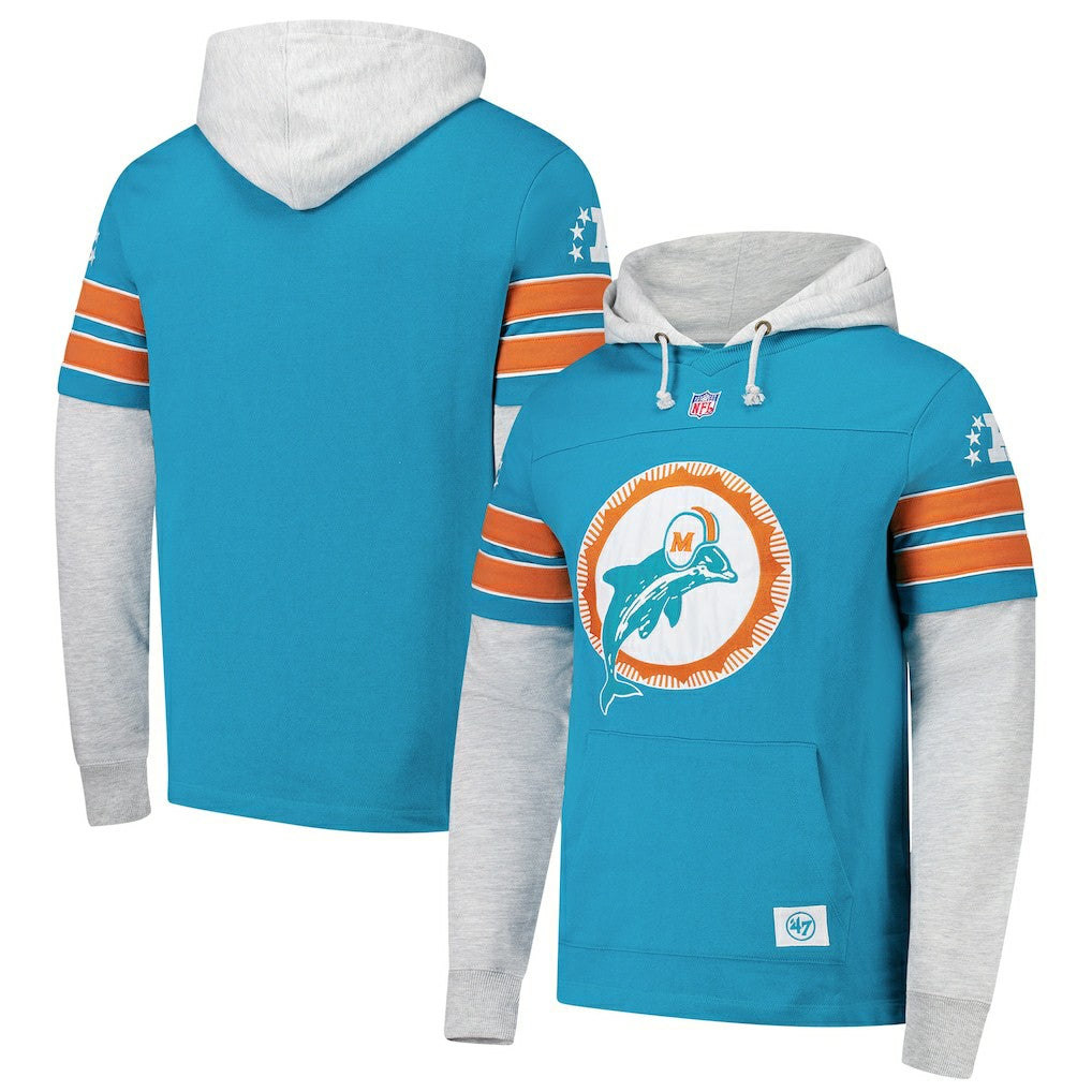 Miami Dolphins '47 Throwback Double Header Blitz Cornerback Hoodie - Aqua on sale