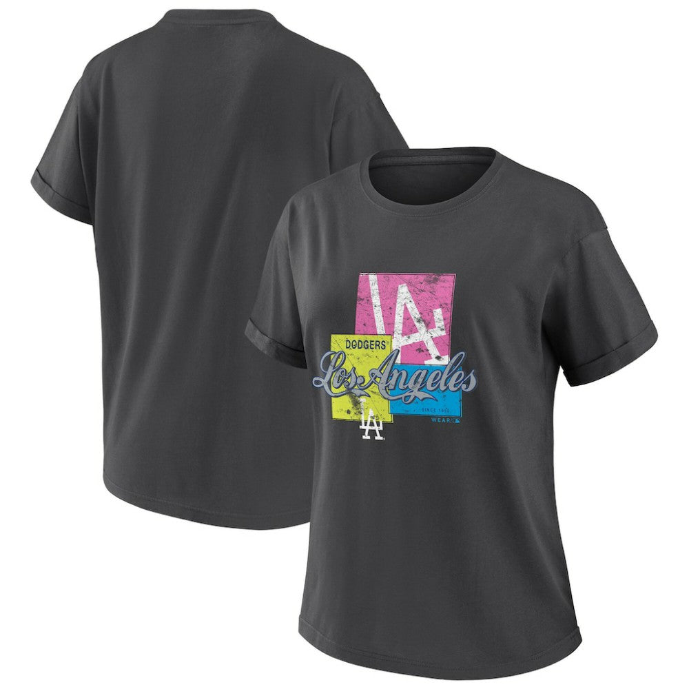 Los Angeles Dodgers WEAR by Erin Andrews Women's Domestic Box Color Boyfriend T-Shirt Charcoal