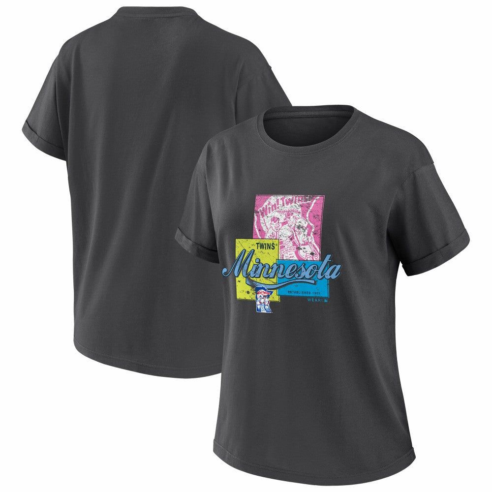 Minnesota Twins WEAR by Erin Andrews Women's Domestic Box Color Boyfriend T-Shirt Charcoal