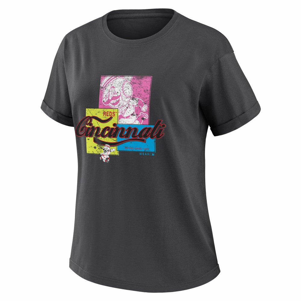 Cincinnati Reds WEAR by Erin Andrews Women's Domestic Box Color Boyfriend T-Shirt Charcoal