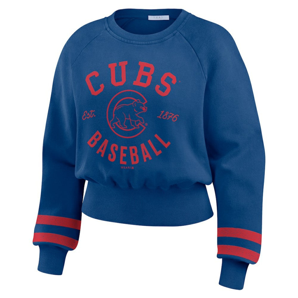 Chicago Cubs WEAR by Erin Andrews Women's Vintage Washed Cropped Pullover Sweatshirt Royal