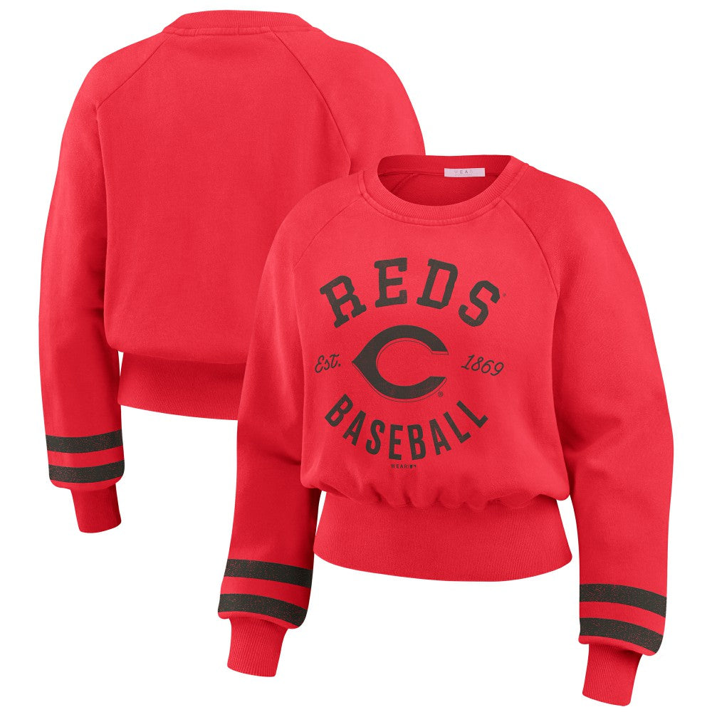 Cincinnati Reds WEAR by Erin Andrews Women's Vintage Washed Cropped Pullover Sweatshirt Red