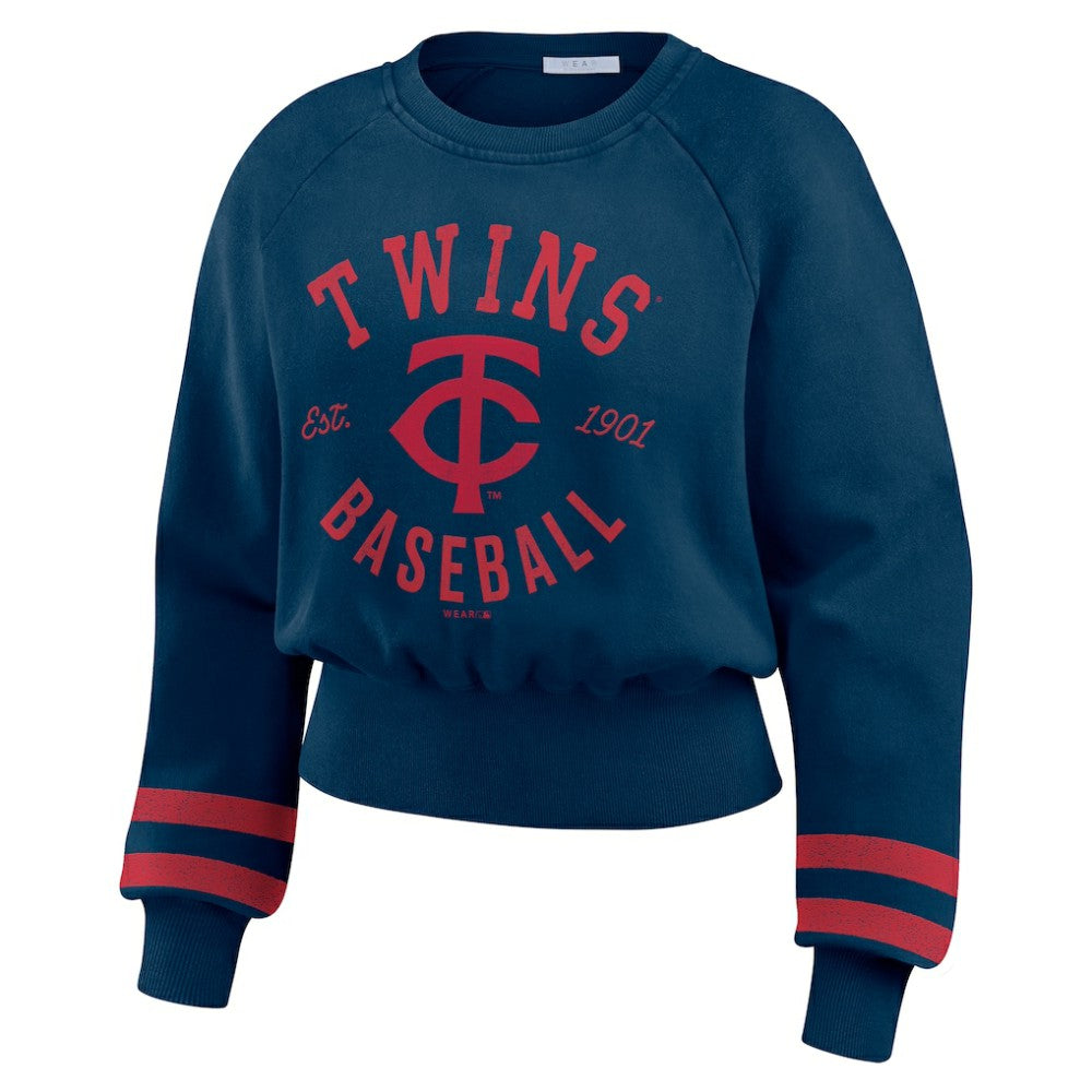 Minnesota Twins WEAR by Erin Andrews Women's Vintage Washed Cropped Pullover Sweatshirt Navy