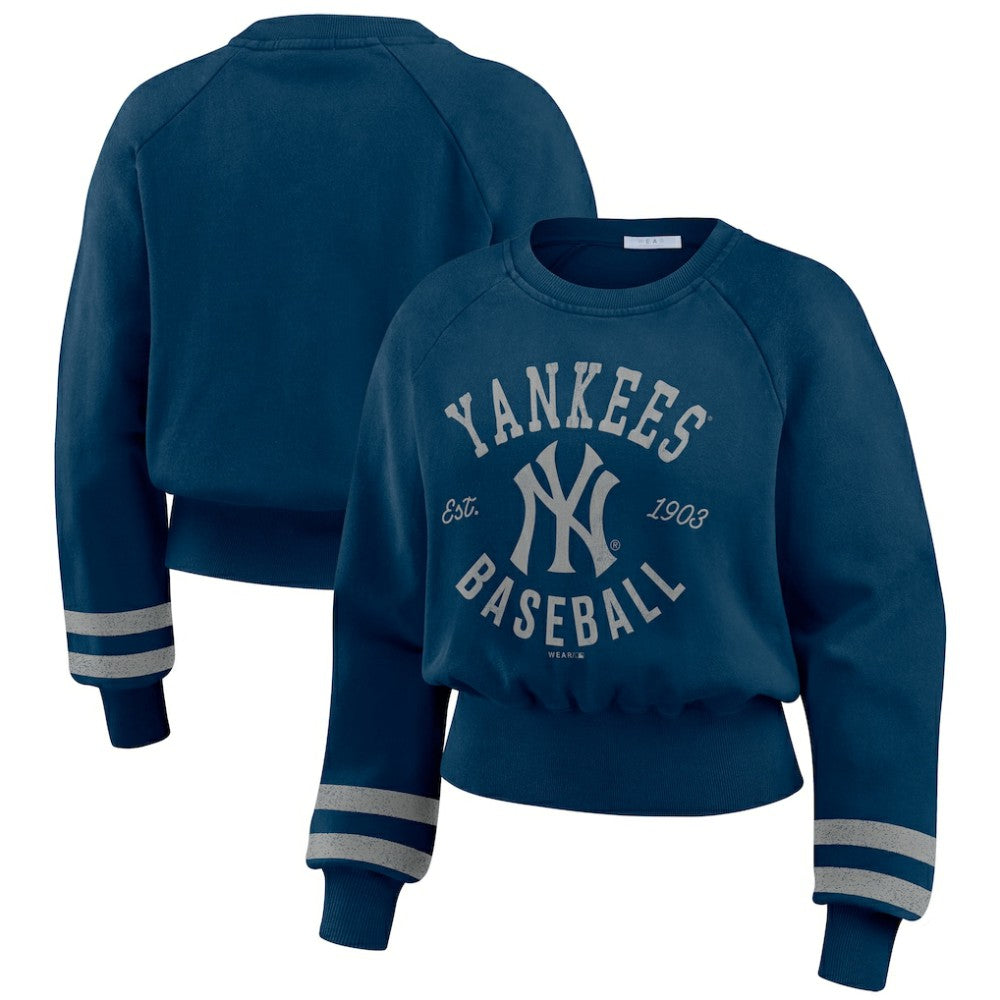 New York Yankees WEAR by Erin Andrews Women's Vintage Washed Cropped Pullover Sweatshirt Navy