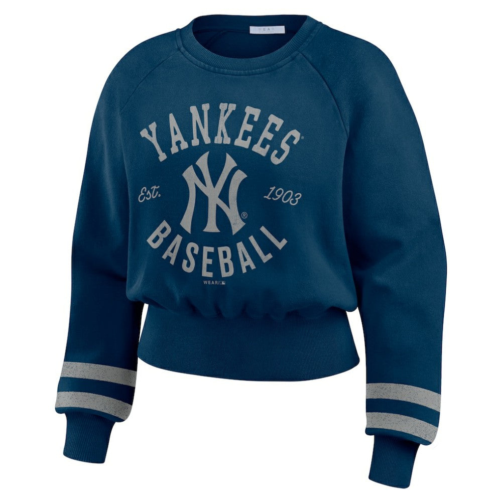 New York Yankees WEAR by Erin Andrews Women's Vintage Washed Cropped Pullover Sweatshirt Navy