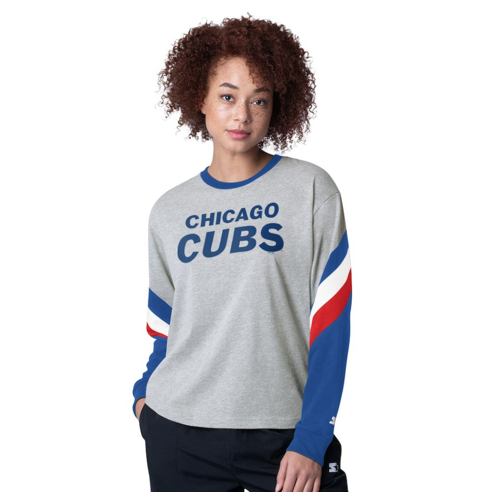 Chicago Cubs Starter Women's Triple A Fashion Color Block Long Sleeve Top Heather Gray
