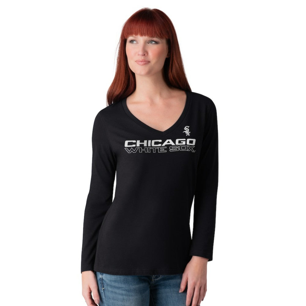 Chicago White Sox G-III 4Her by Carl Banks Women's Post Season Long Sleeve V-Neck T-Shirt Black