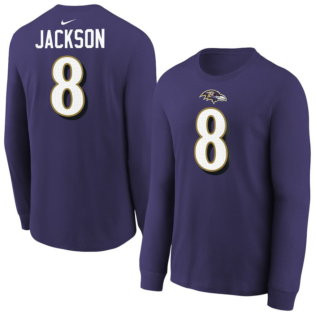 Lamar Jackson Baltimore Ravens Youth Player Name & Number Long Sleeve T-Shirt - Purple discount