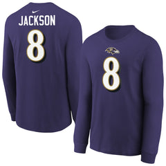 Lamar Jackson Baltimore Ravens Youth Player Name & Number Long Sleeve T-Shirt - Purple discount