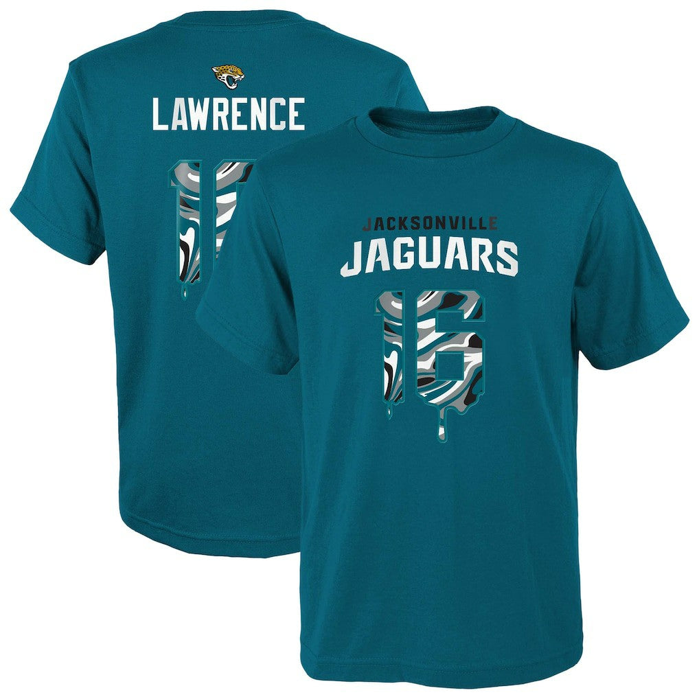 Trevor Lawrence Jacksonville Jaguars Youth Mainliner Drip Player Name & Number T-Shirt - Teal discount