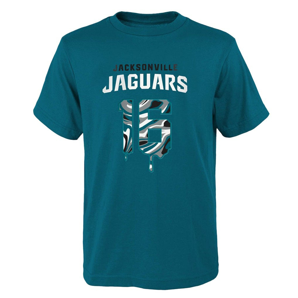 Trevor Lawrence Jacksonville Jaguars Youth Mainliner Drip Player Name & Number T-Shirt - Teal discount