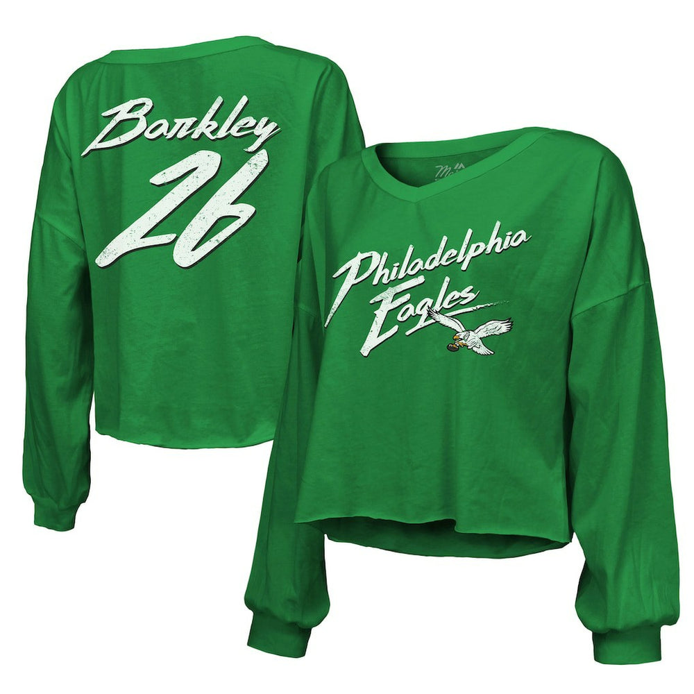 Saquon Barkley Philadelphia Eagles Majestic Threads Women's Name & Number Off-Shoulder Script Cropped Long Sleeve Relaxed V-Neck T-Shirt - Kelly Green outlet