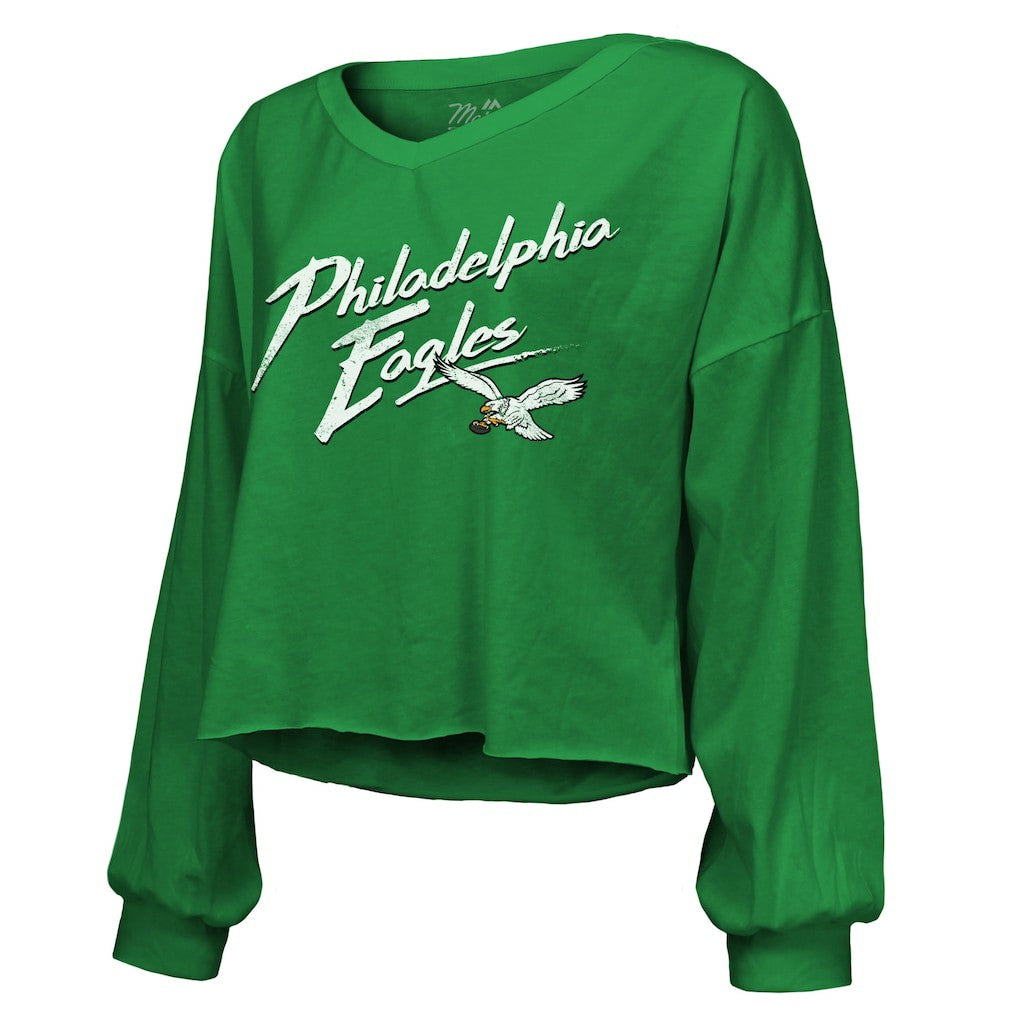 Saquon Barkley Philadelphia Eagles Majestic Threads Women's Name & Number Off-Shoulder Script Cropped Long Sleeve Relaxed V-Neck T-Shirt - Kelly Green outlet