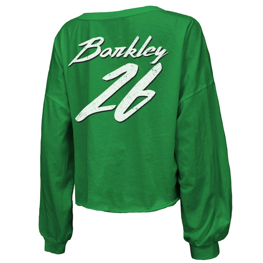 Saquon Barkley Philadelphia Eagles Majestic Threads Women's Name & Number Off-Shoulder Script Cropped Long Sleeve Relaxed V-Neck T-Shirt - Kelly Green outlet